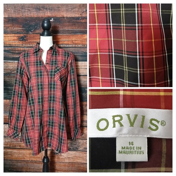 Orvis Top Size 14 Red Plaid Cotton Button Front Long Sleeve - Picture 1 of 10
